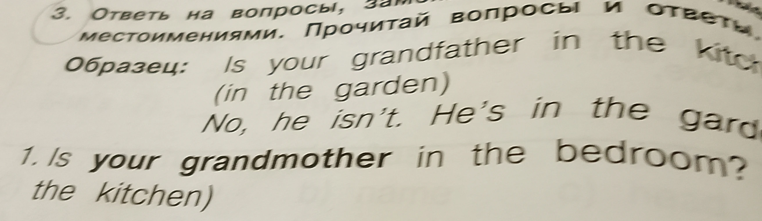 1. Is your grandmother in the bedroom? (the kitchen)