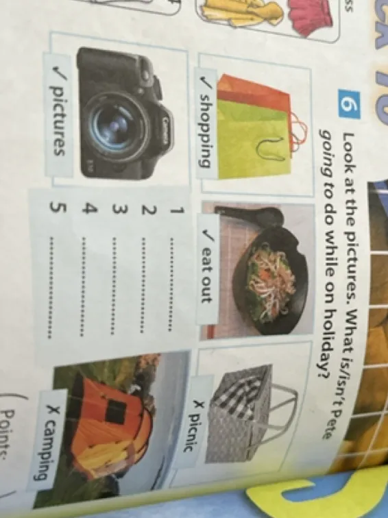 Look at the pictures. What is/isn't Pete going to do while on holiday?