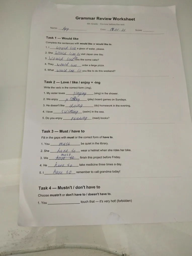 Grammar Review Worksheet Task 1 - Would like Complete the sentences with would like or would like to.