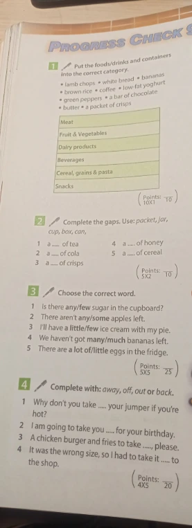 Put the foods/drinks and containers into the correct category.