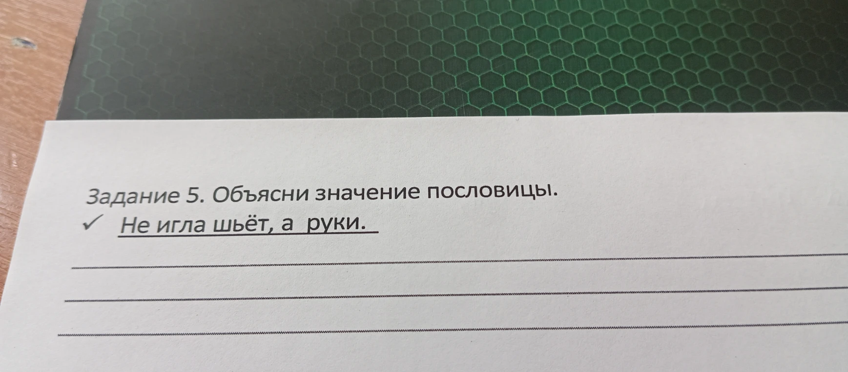 Задание 5. Объясни значение пословицы. Не игла шьёт, а руки.