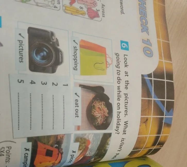 Look at the pictures. What is/isn't Pete going to do while on holiday?