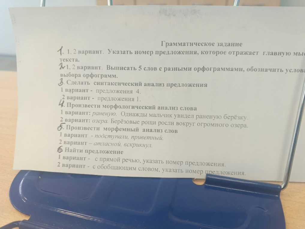 Грамматическое задание: 1. 2 вариант. Указать номер предложения, которое отражает главную мысль текста.