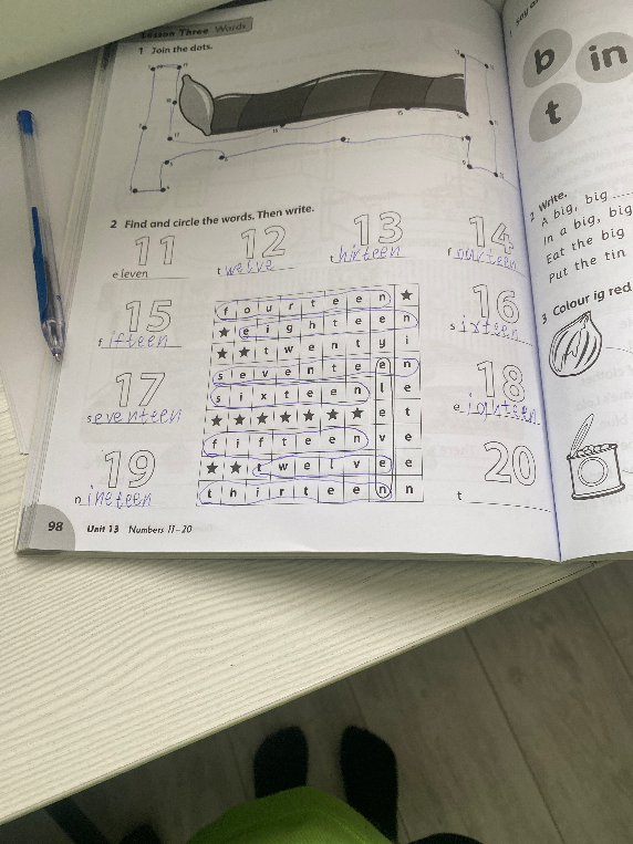 Find and circle the words. Then write.