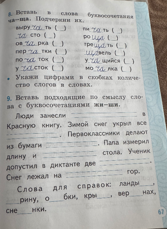 Вставь в слова буквосочетания ча-ща. Подчеркни их.