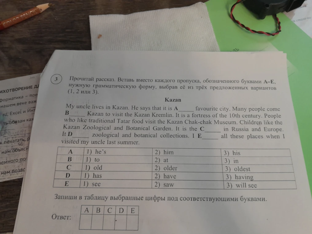 Прочитай рассказ. Вставь вместо каждого пропуска, обозначенного буквами A–E, нужную грамматическую форму, выбрав её из трёх предложенных вариантов (1, 2 или 3).