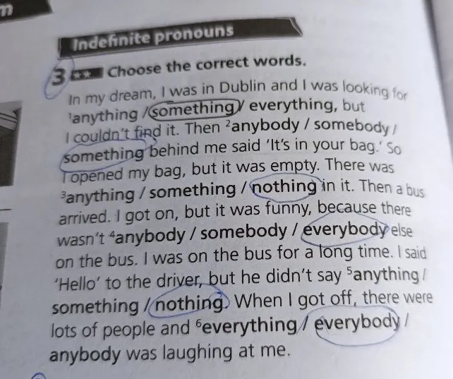 Choose the correct words. In my dream, I was in Dublin and I was looking for 1anything / something / everything, but I couldn't find it.