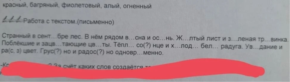 Странный в сент...бре лес. В нём рядом в...сна и ос...нь. Ж...лтый лист и з...леная тр...винка.