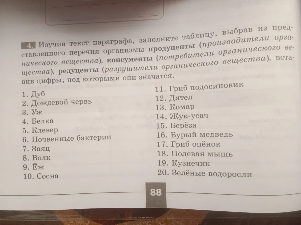 Изучив текст параграфа, заполните таблицу, выбрав из представленного перечня организмы продуценты (производители органического вещества), консументы (потребители органического вещества), редуценты (разрушители органического вещества), вставив цифры, под которыми они значатся.
