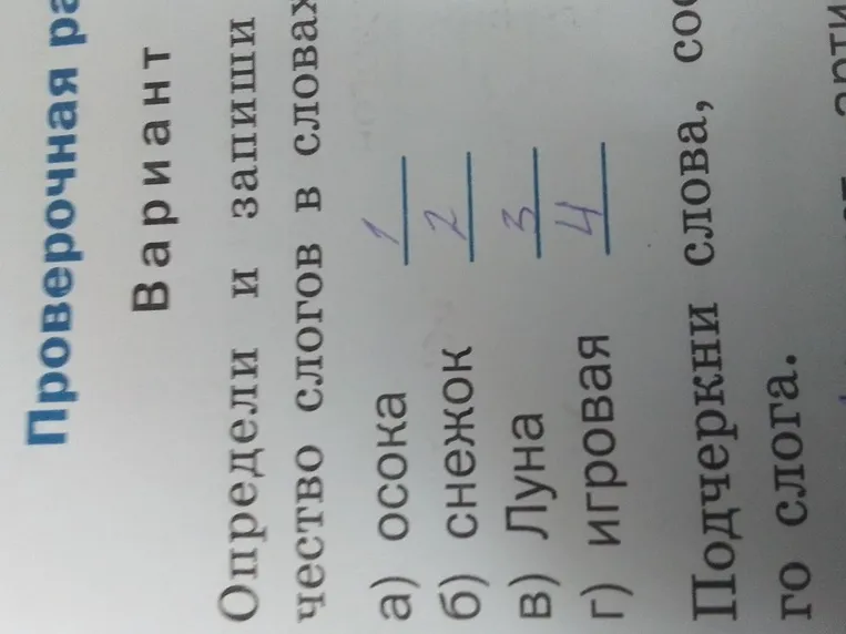 Определи и запиши количество слогов в словах