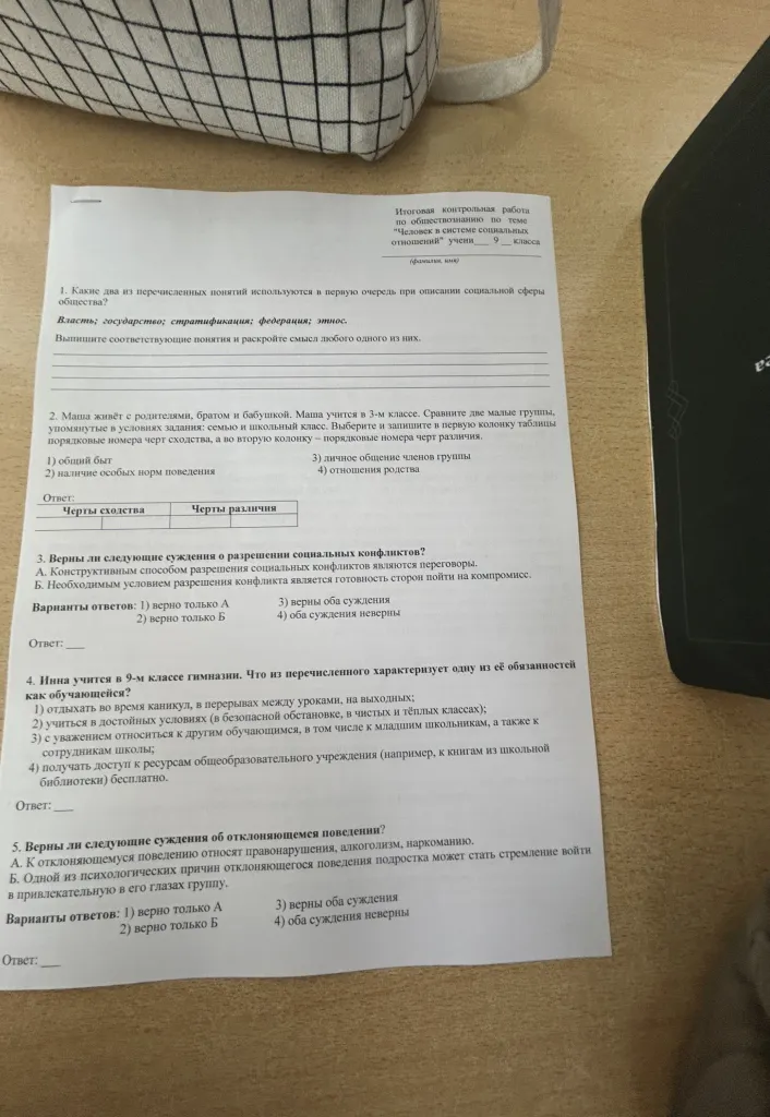 Итоговая контрольная работа по обществознанию по теме "Человек в системе социальных отношений"