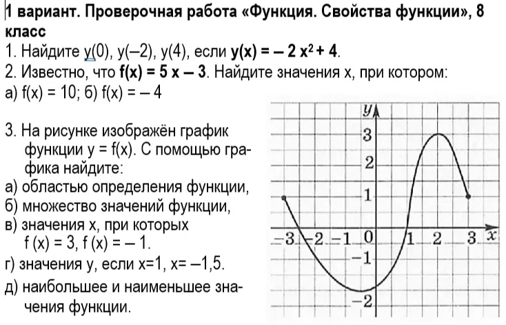1. Найдите y(0), y(-2), y(4), если y(x) = - 2 x^2 + 4.