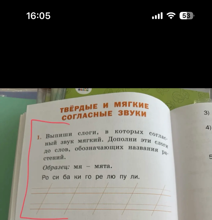Выпиши слоги, в которых согласный звук мягкий. Дополни эти слоги до слов, обозначающих названия растений.