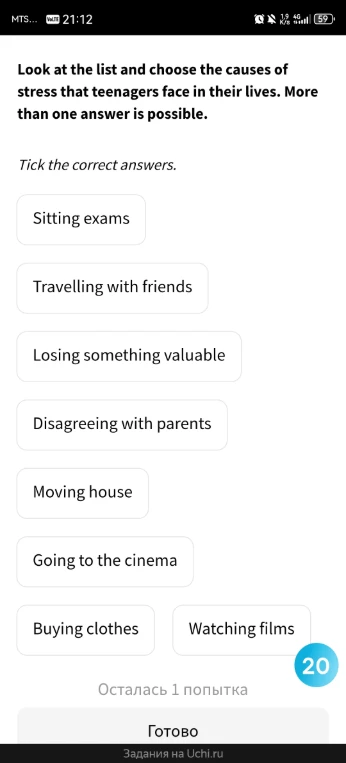 Look at the list and choose the causes of stress that teenagers face in their lives. More than one answer is possible.