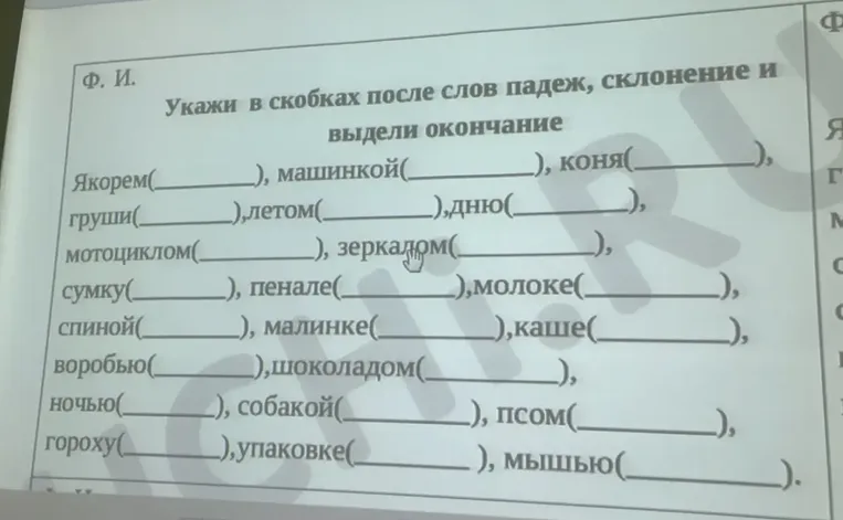 Укажи в скобках после слов падеж, склонение и выдели окончание