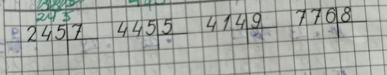 Реши примеры на деление в столбик: 2457, 4455, 4149, 7768.