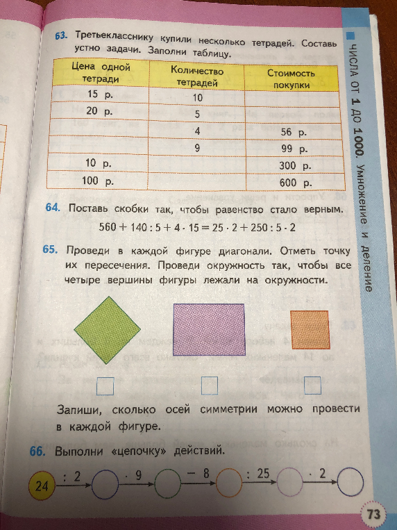 63. Третьекласснику купили несколько тетрадей. Составь устно задачи. Заполни таблицу.