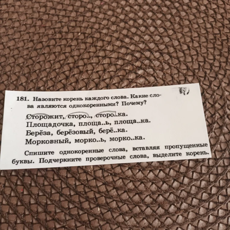 181. Назовите корень каждого слова. Какие слова являются однокоренными? Почему? Спишите однокоренные слова, вставляя пропущенные буквы. Подчеркните проверочные слова, выделите корень.