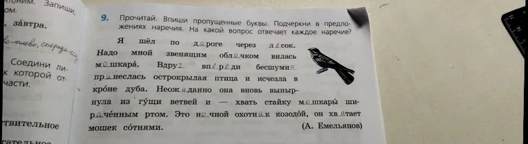 Прочитай. Впиши пропущенные буквы. Подчеркни в предложениях наречия. На какой вопрос отвечает каждое наречие?