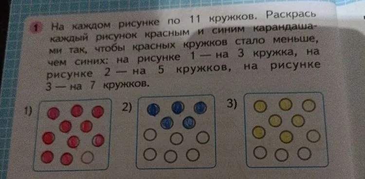 На каждом рисунке по 11 кружков. Раскрась каждый рисунок красным и синим карандашами так, чтобы красных кружков стало меньше, чем синих: на рисунке 1 - на 3 кружка, на рисунке 2 - на 5 кружков, на рисунке 3 - на 7 кружков.