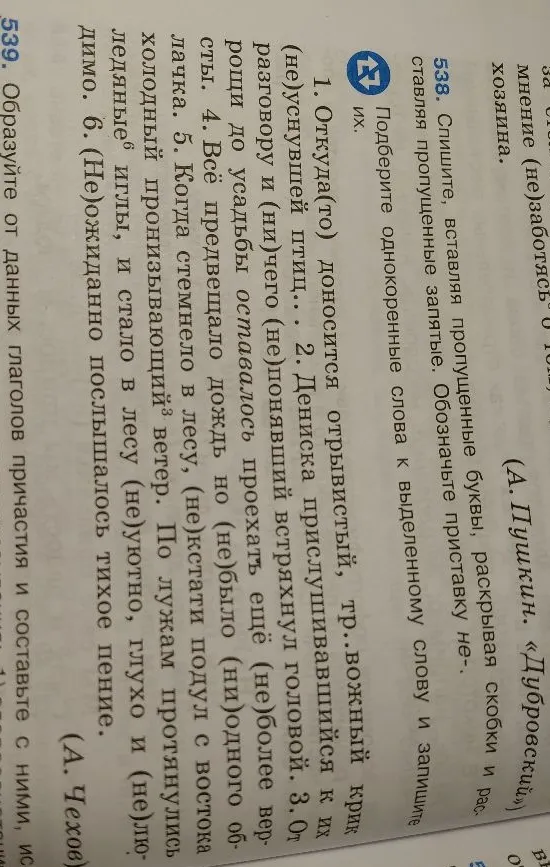 538. Спишите, вставляя пропущенные буквы, раскрывая скобки и расставляя пропущенные запятые. Обозначьте приставку не-.