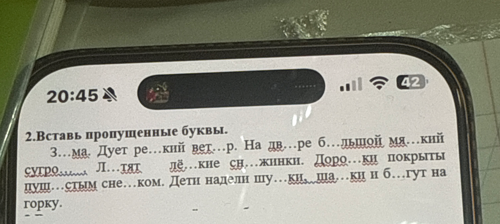 2.Вставь пропущенные буквы. З...ма. Дует ре...кий вет...р. На дв...ре б...льшой мя...кий сугро... Л...тят лё...кие сн...жинки. Доро...ки покрыты пуш...стым сне...ком. Дети надели шу...ки, ша...ки и б...гут на горку.