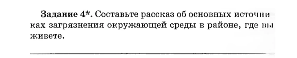 Задание 4*. Составьте рассказ об основных источниках загрязнения окружающей среды в районе, где вы живете.