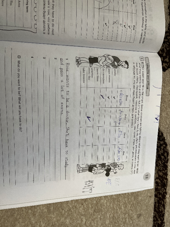 Listen and fill in the chart. Some children are talking about what they want to be. Write what they want to be and then tick (✓) what they'll have to do.