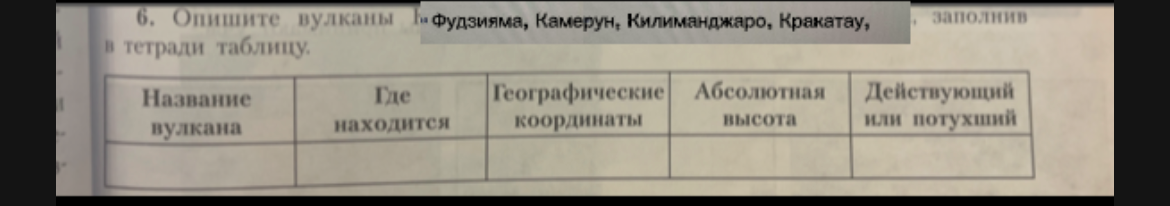 6. Опишите вулканы Фудзияма, Камерун, Килиманджаро, Кракатау, заполнив в тетради таблицу.