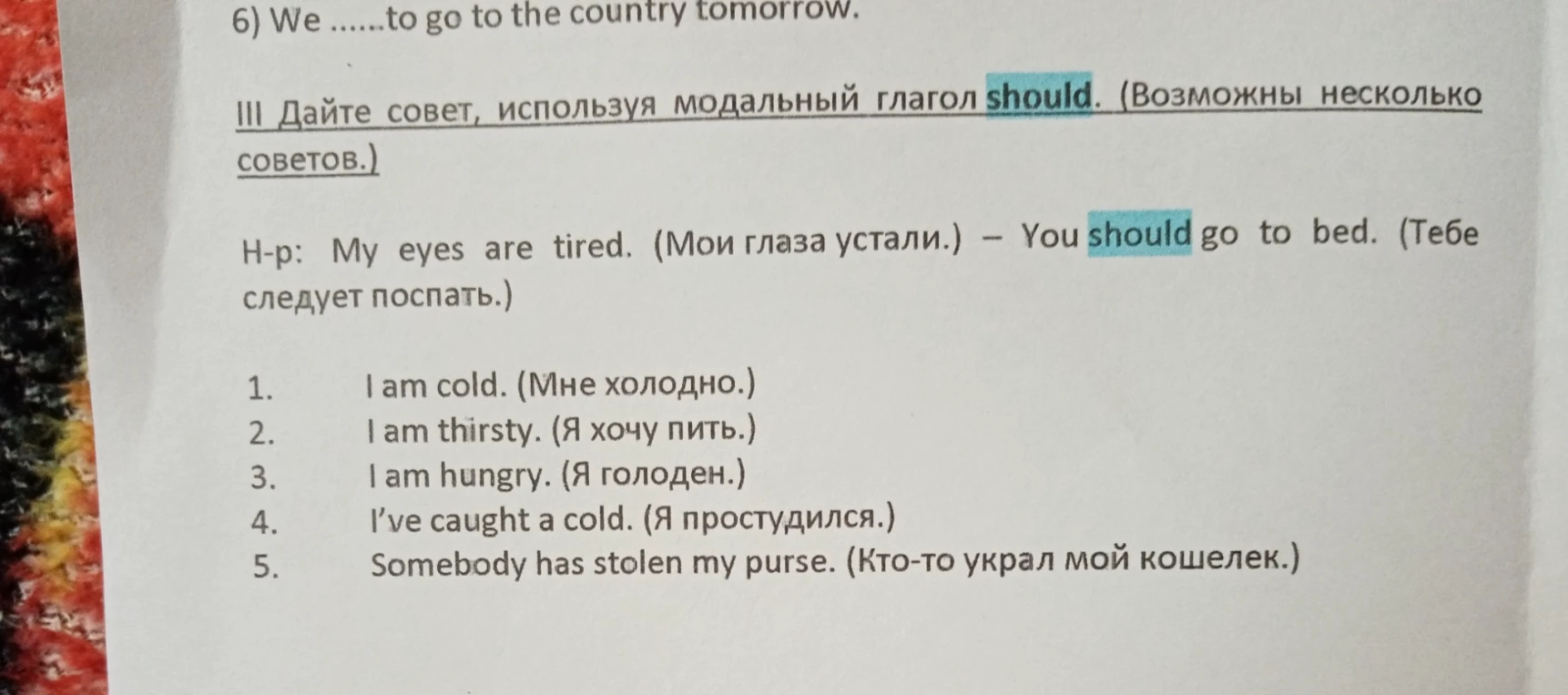 III Дайте совет, используя модальный глагол should. (Возможны несколько советов.)