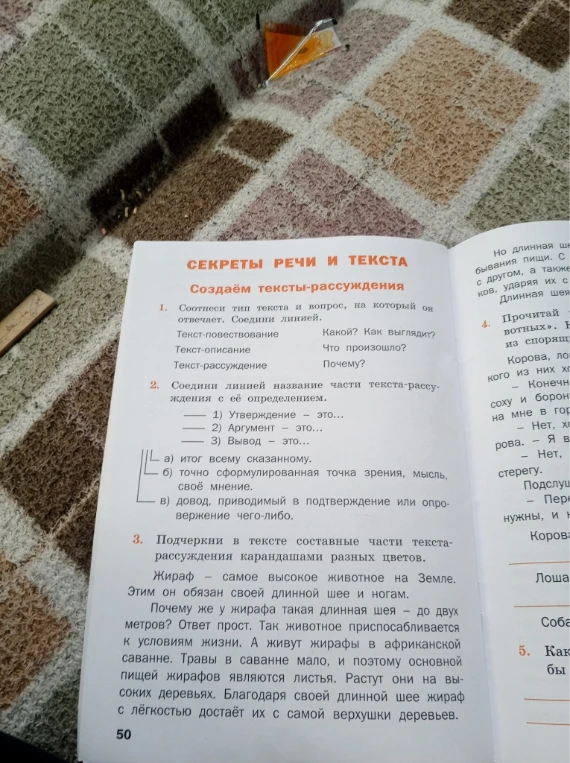Соотнеси тип текста и вопрос, на который он отвечает. Соедини линией.