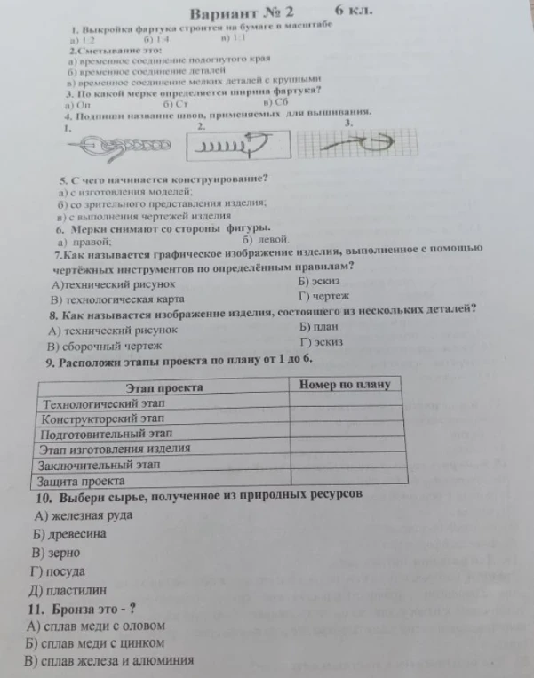 Вариант № 2 6 кл. 1. Выкройка фартука строится на бумаге в масштабе а) 1:2 б) 1:4 в) 1:1
