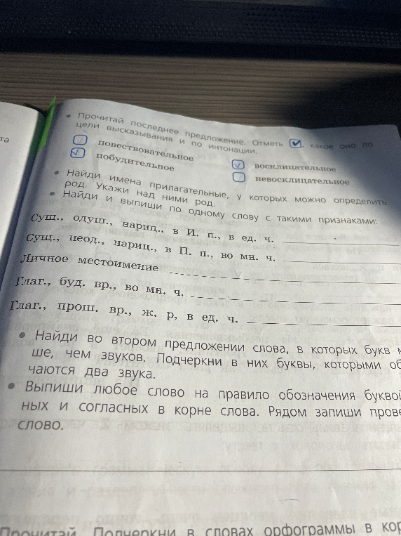 Прочитай последнее предложение. Отметь, какое оно по цели высказывания и по интонации.
