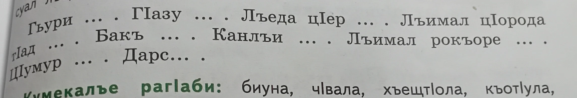 Гьури ... . Гӏазу ... . Лъеда цӏер ... . Лъимал цӏорода тӏад ... . Бакъ ... . Канлъи ... . Лъимал рокьоре ... . Щумур ... . Дарс... .