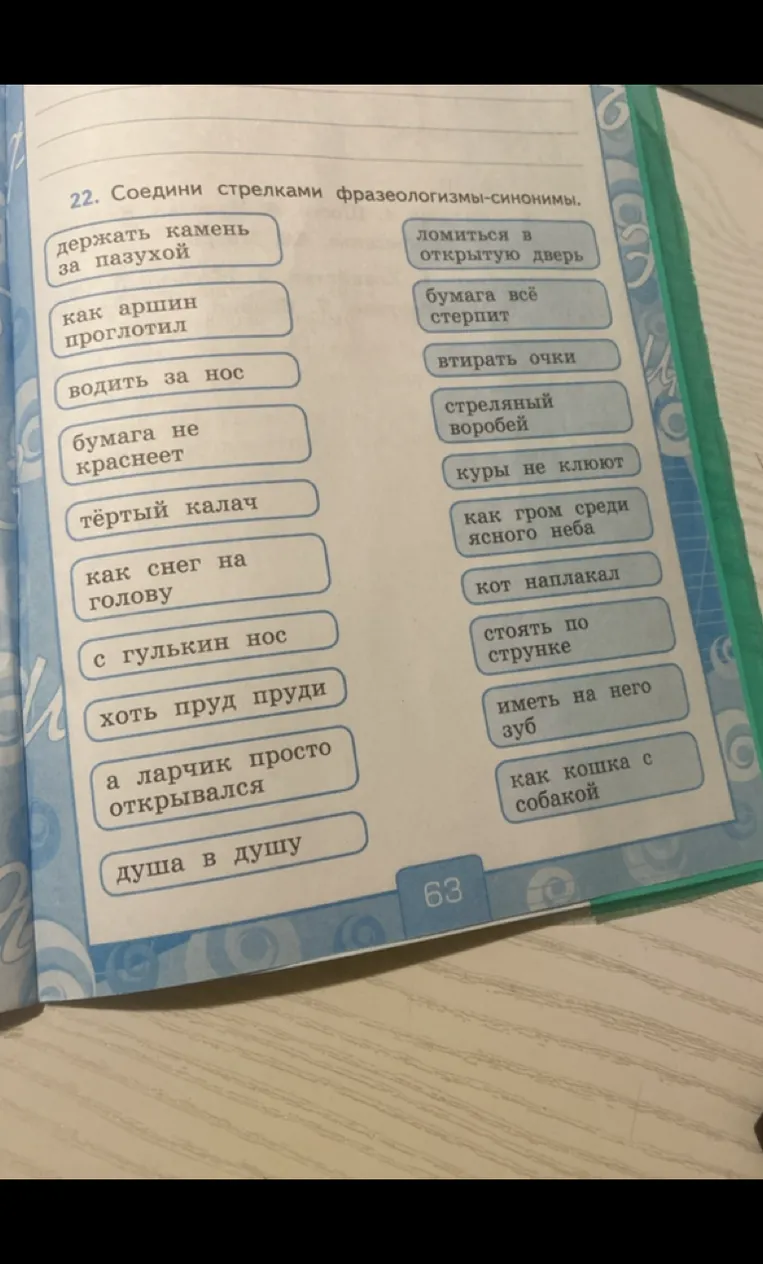 22. Соедини стрелками фразеологизмы-синонимы.