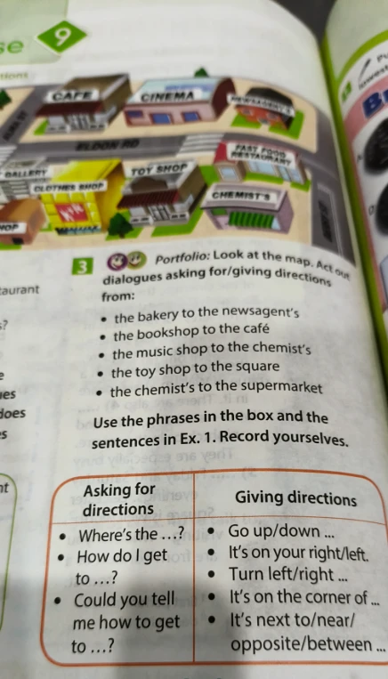 Portfolio: Look at the map. Act out dialogues asking for/giving directions from: the bakery to the newsagent's...