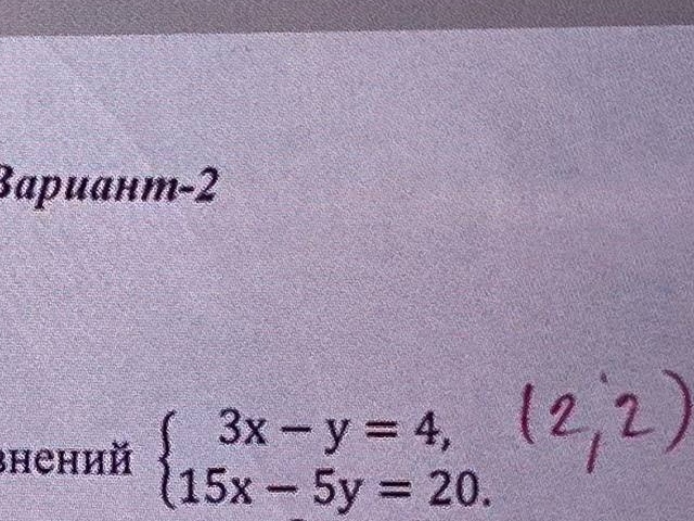 Вариант-2, внений { 3x - y = 4, 15x - 5y = 20.