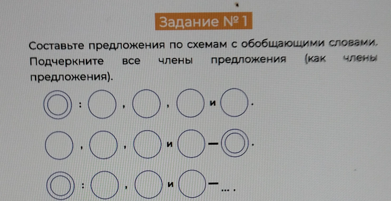 Составьте предложения по схемам с обобщающими словами. Подчеркните все члены предложения (как члены предложения).