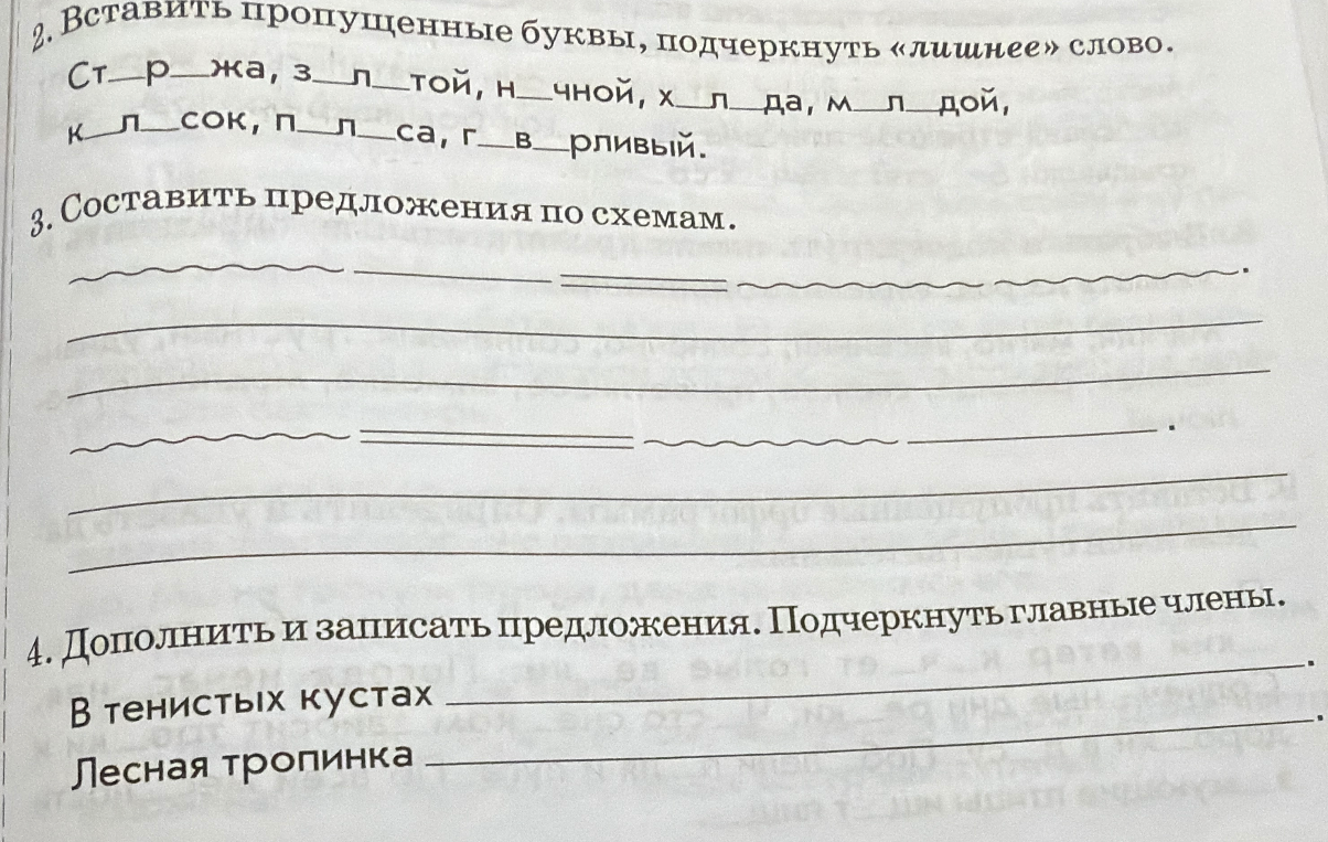 Вставить пропущенные буквы, подчеркнуть «лишнее» слово. Составить предложения по схемам. Дополнить и записать предложения.
