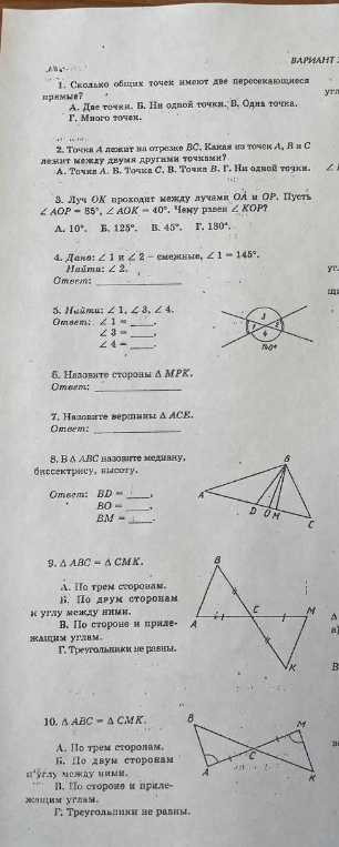 1. Сколько общих точек имеют две пересекающиеся прямые?