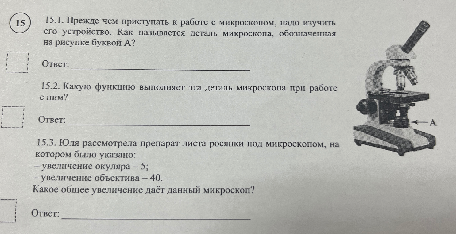 15.1. Прежде чем приступать к работе с микроскопом, надо изучить его устройство. Как называется деталь микроскопа, обозначенная на рисунке буквой А?