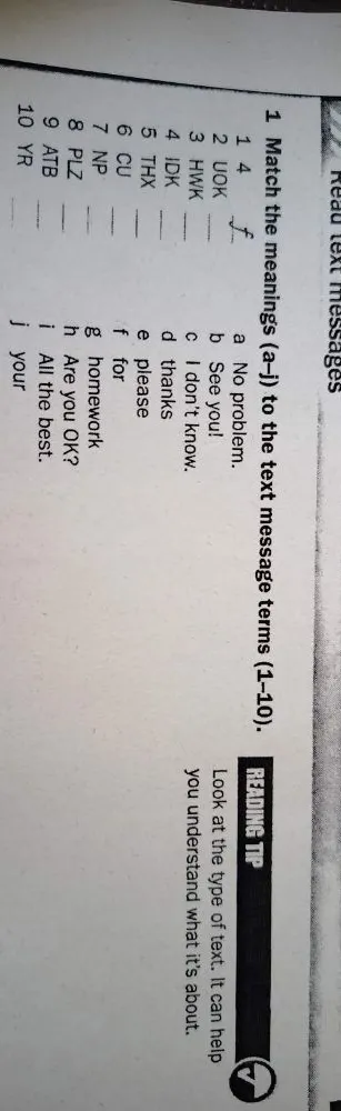 Match the meanings (a-j) to the text message terms (1-10).