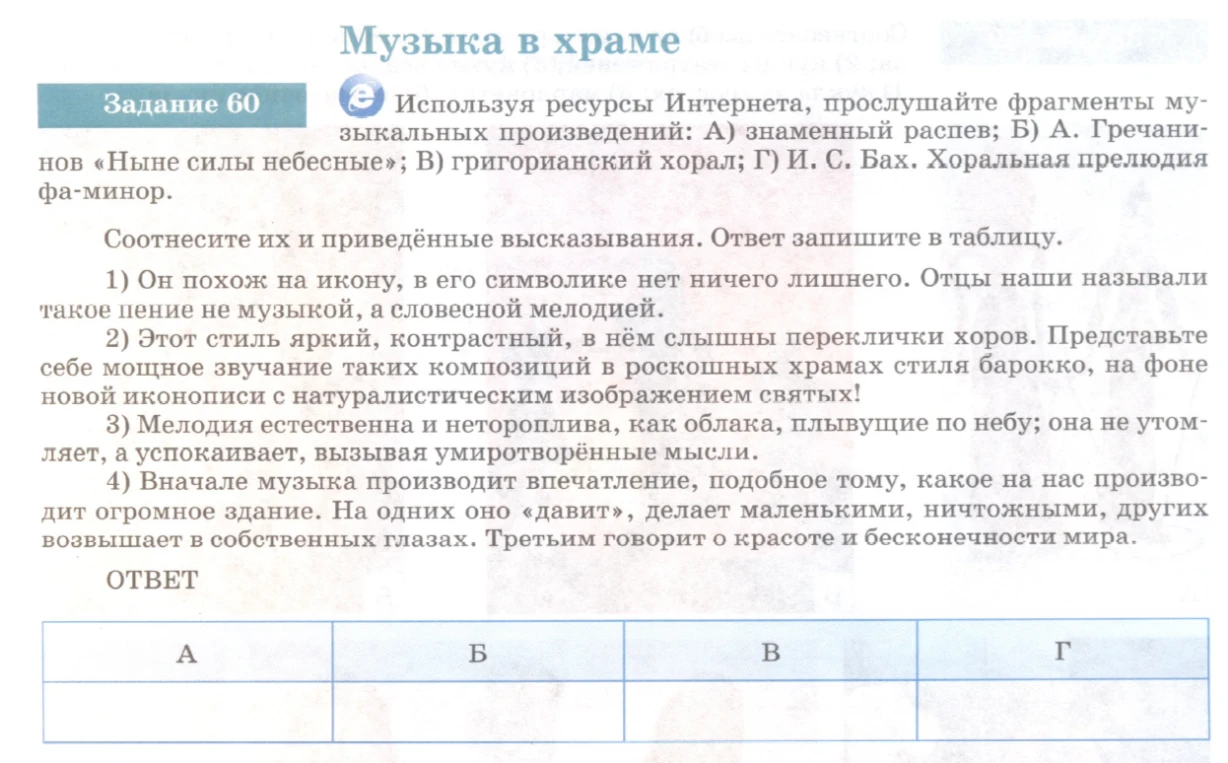 Используя ресурсы Интернета, прослушайте фрагменты музыкальных произведений: А) знаменный распев; Б) А. Гречанинов «Ныне силы небесные»; В) григорианский хорал; Г) И. С. Бах. Хоральная прелюдия фа-минор.