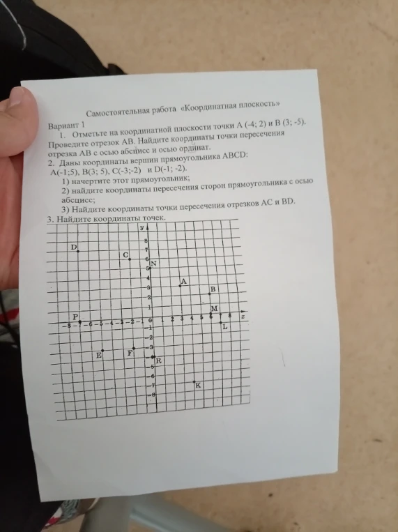 Самостоятельная работа «Координатная плоскость»
Вариант 1
1. Отметьте на координатной плоскости точки А (-4; 2) и В (3; -5).