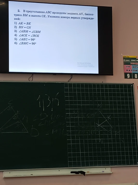 В треугольнике ABC проведены медиана AN, биссектриса BM и высота CK. Укажите номера верных утверждений: