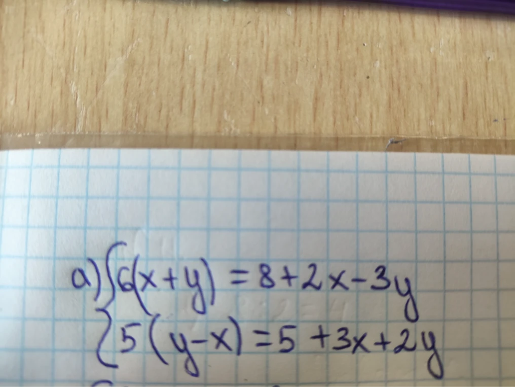 a) 6(x + y) = 8 + 2x - 3y; 5(y - x) = 5 + 3x + 2y