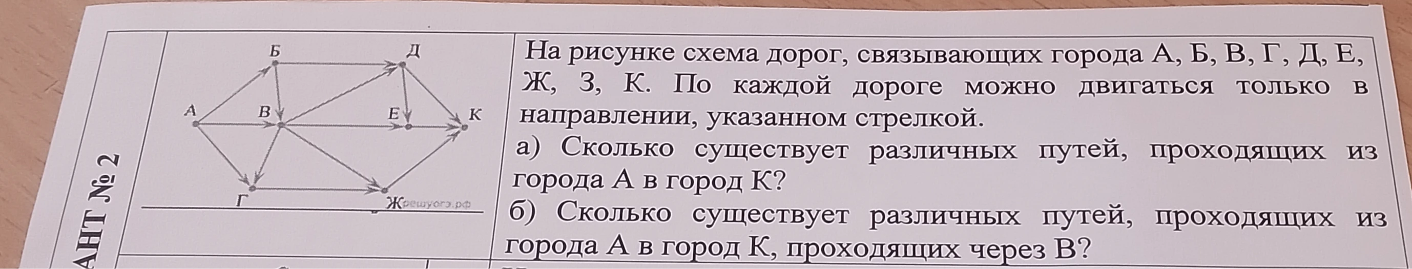 На рисунке схема дорог, связывающих города А, Б, В, Г, Д, Е, Ж, З, К. По каждой дороге можно двигаться только в направлении, указанном стрелкой. а) Сколько существует различных путей, проходящих из города А в город К? б) Сколько существует различных путей, проходящих из города А в город К, проходящих через В?