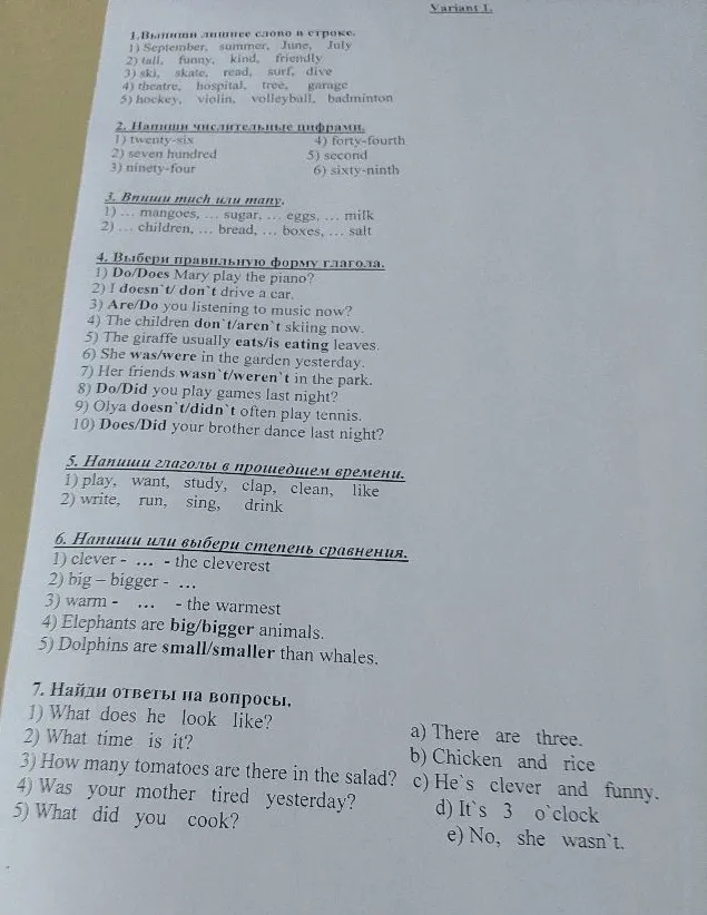 Выполни задания по английскому языку из варианта 1.