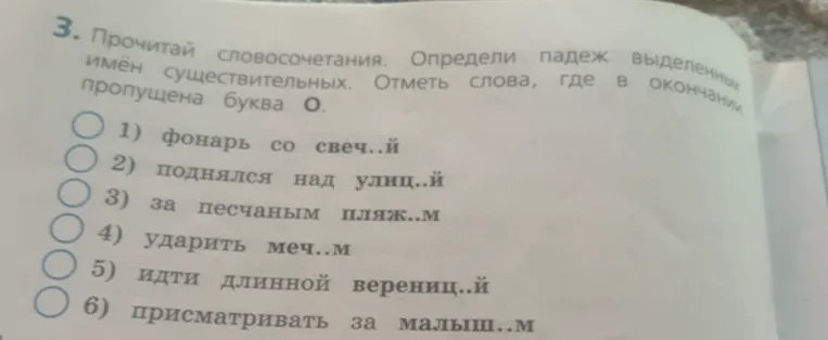 Прочитай словосочетания. Определи падеж выделенных имён существительных. Отметь слова, где в окончании пропущена буква О.