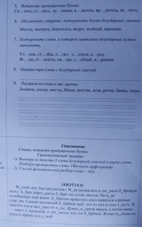 5. Вставьте пропущенные буквы. Св...тить, ст...нать, тр...пинка, в...дитель, вр...дитель, зв...нить.